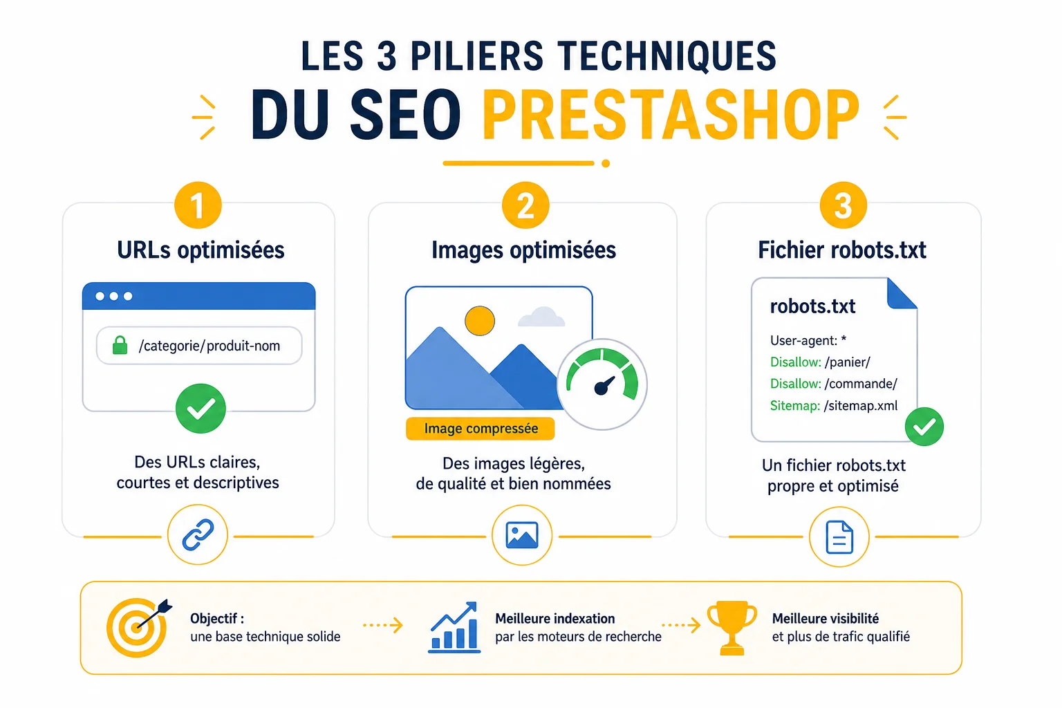 Les piliers techniques du SEO PrestaShop Infographie des optimisations techniques SEO PrestaShop